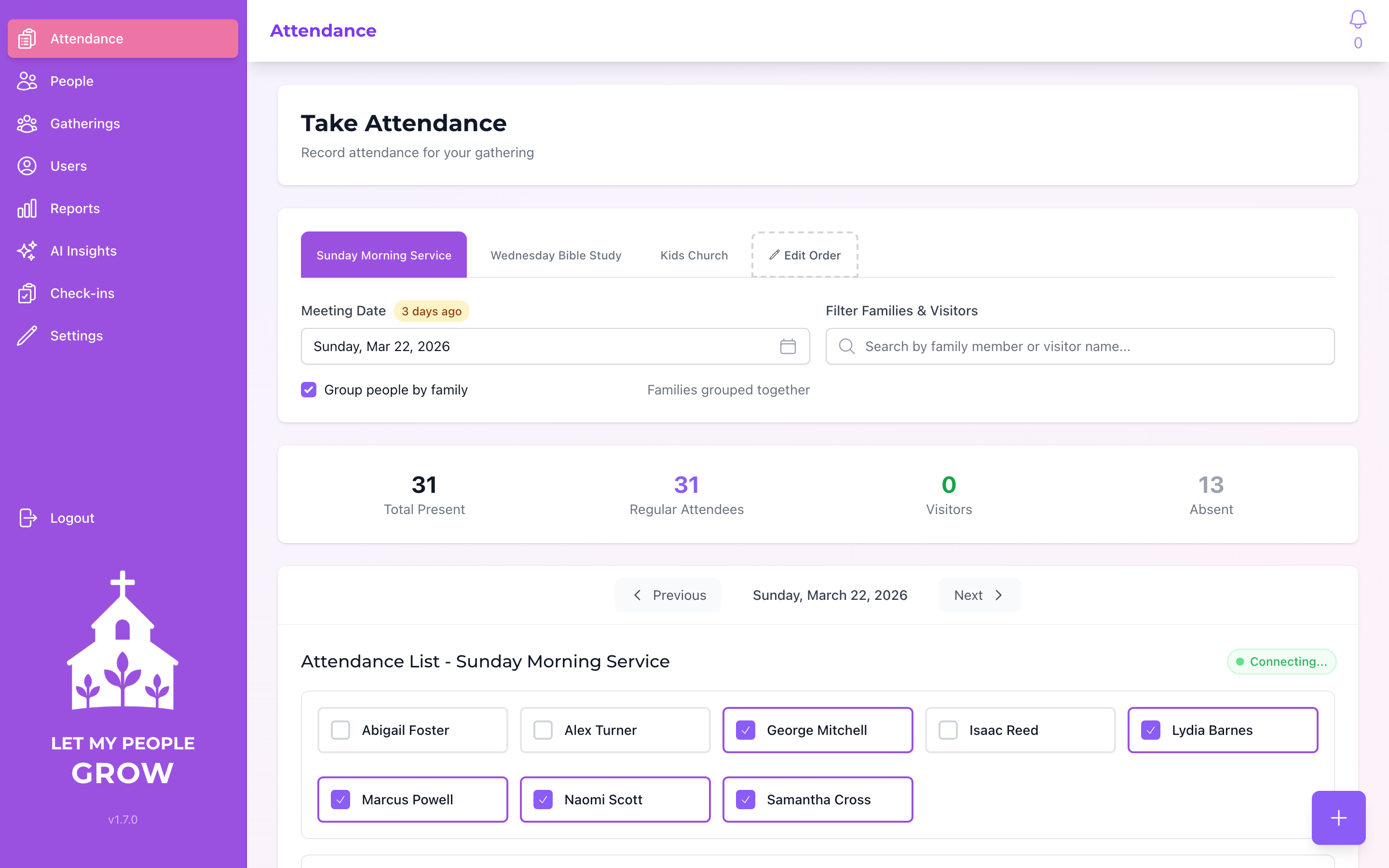 Attendance tracking screen showing Sunday Morning Service with 31 present, family-grouped member list