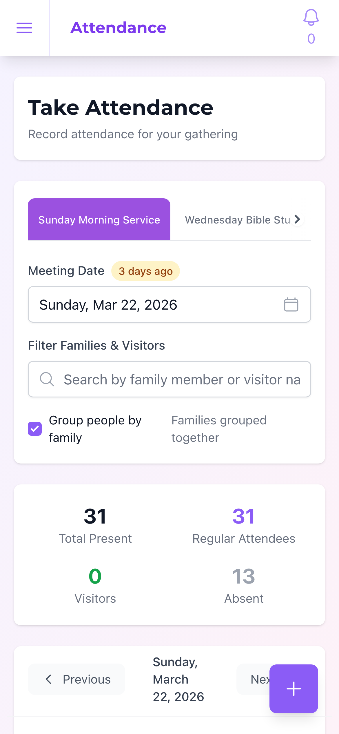 Mobile attendance view on iPhone showing Sunday Morning Service with 31 present