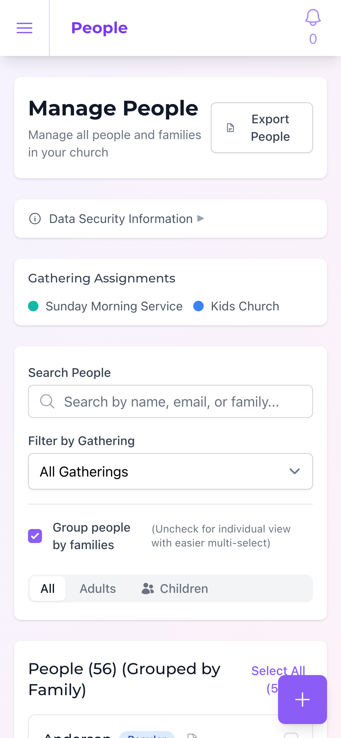 Mobile people view showing congregation member list