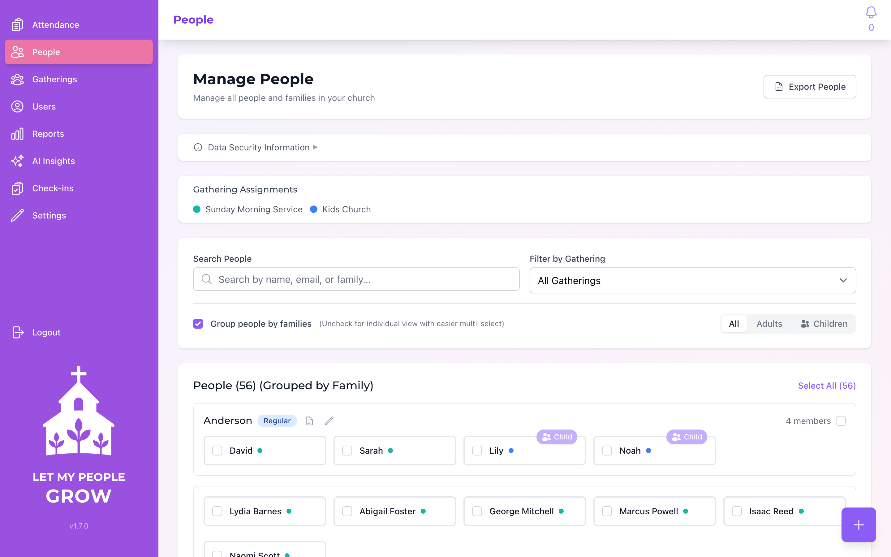 People management screen showing 56 congregation members grouped by family
